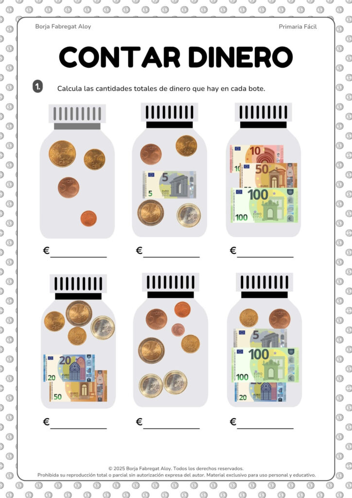 ejercicios de monedas y billetes para primaria pdf